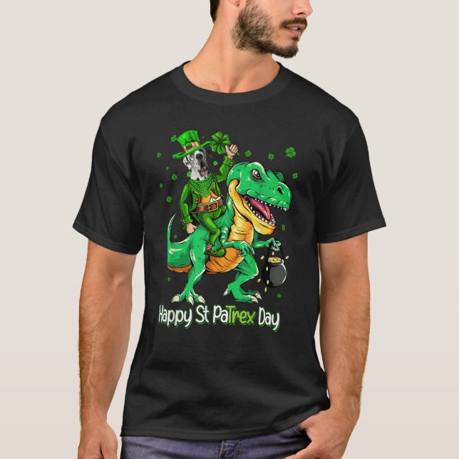 Great Dane Riding Dinosaur Patricks Day Shamrock T-Shirt (Front)