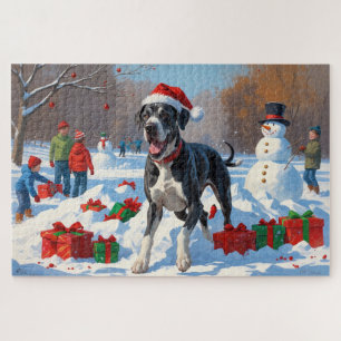 Great Dane Running in Snow with Christmas Hat Jigsaw Puzzle
