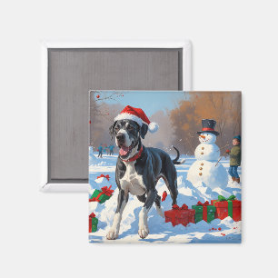 Great Dane Running in Snow with Christmas Hat Magnet