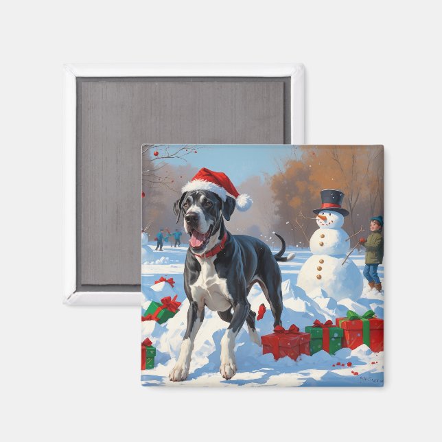 Great Dane Running in Snow with Christmas Hat Magnet (Front/Back)