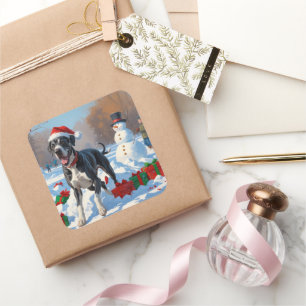 Great Dane Running in Snow with Christmas Hat Square Sticker