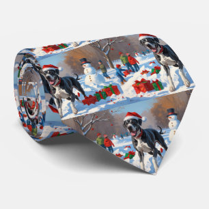 Great Dane Running in Snow with Christmas Hat Tie