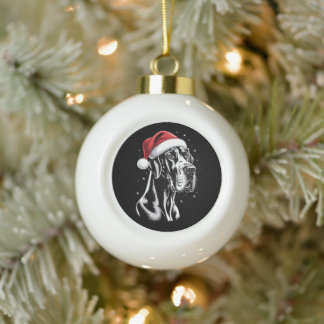 Great Dane Santa Hat Black White Christmas Snow Ceramic Ball Christmas Ornament