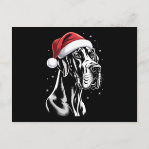 Great Dane Santa Hat Black White Christmas Snow Holiday Postcard