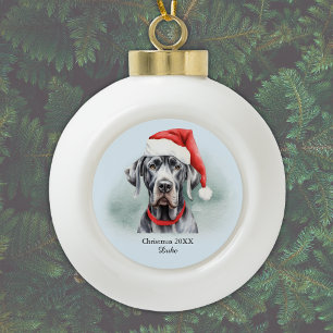 Great Dane Santa Hat Personalised Ceramic Ball Christmas Ornament