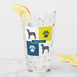 Great Dane Silhouette Dog & Paw Y&B Grid Glass
