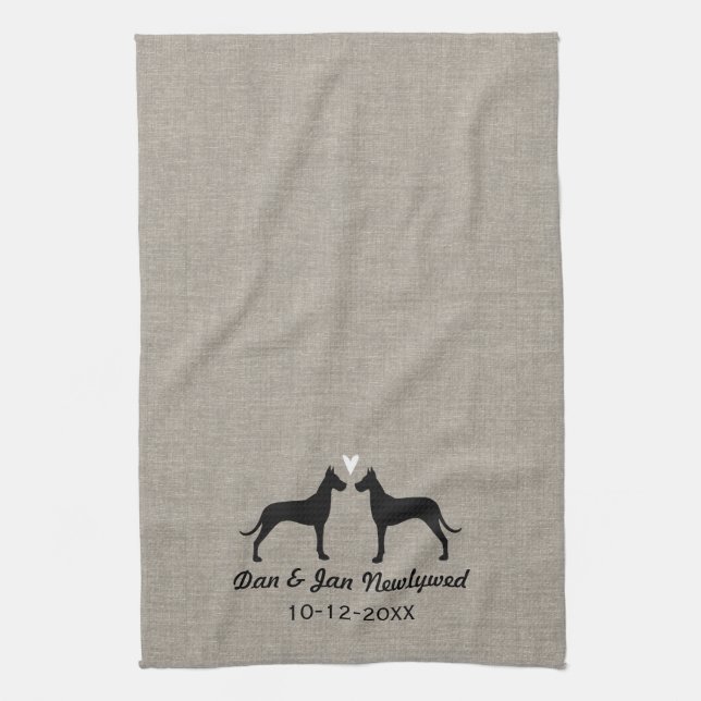 Great Dane Silhouettes with Heart Newlyweds Couple Tea Towel (Vertical)