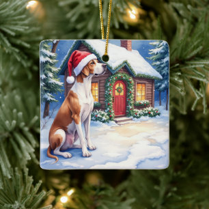 Great Dane Snowy Cabin Santa Hat Christmas Art Ceramic Ornament
