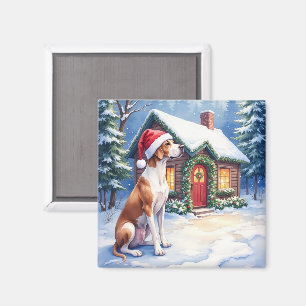 Great Dane Snowy Cabin Santa Hat Christmas Art Magnet
