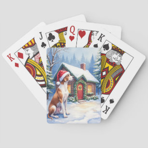 Great Dane Snowy Cabin Santa Hat Christmas Art Playing Cards