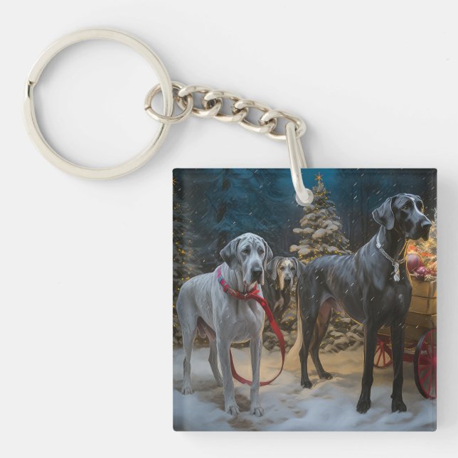 Great Dane Snowy Sleigh Christmas Decor  Key Ring (Front)