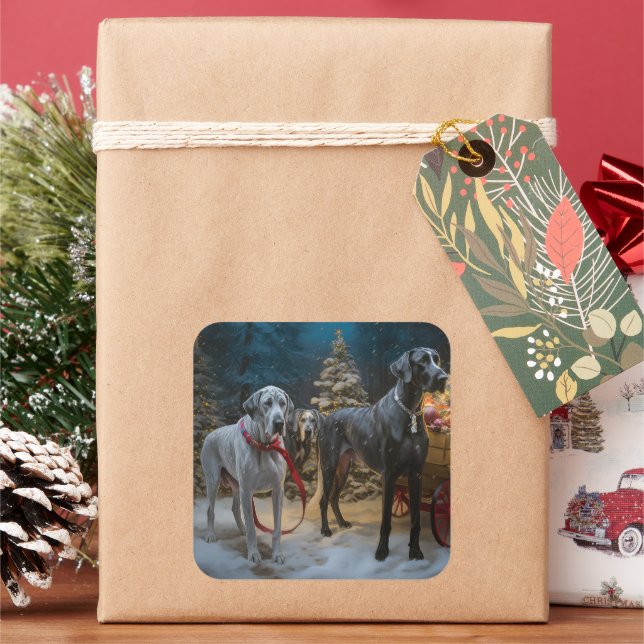 Great Dane Snowy Sleigh Christmas Decor  Square Sticker (Holiday)