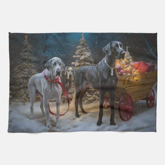 Great Dane Snowy Sleigh Christmas Decor  Tea Towel (Horizontal)