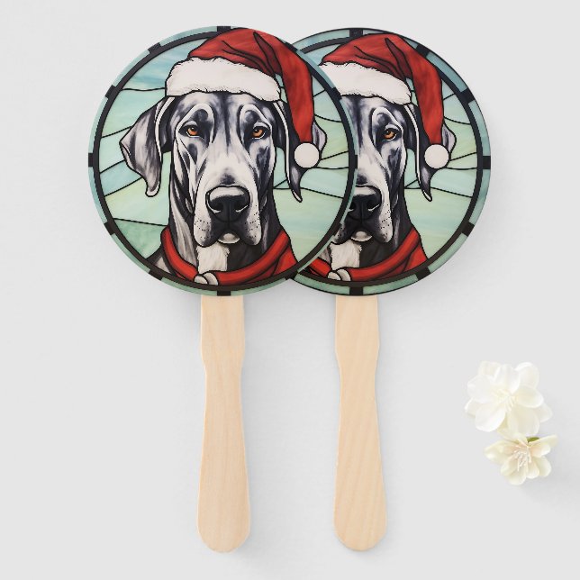 Great Dane Stained Glass Christmas Hand Fan (Front and Back)