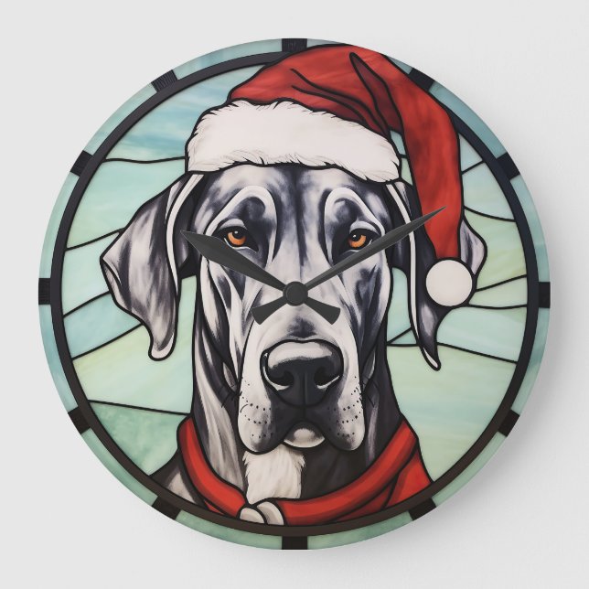 Great Dane Stained Glass Christmas Large Clock (Front)