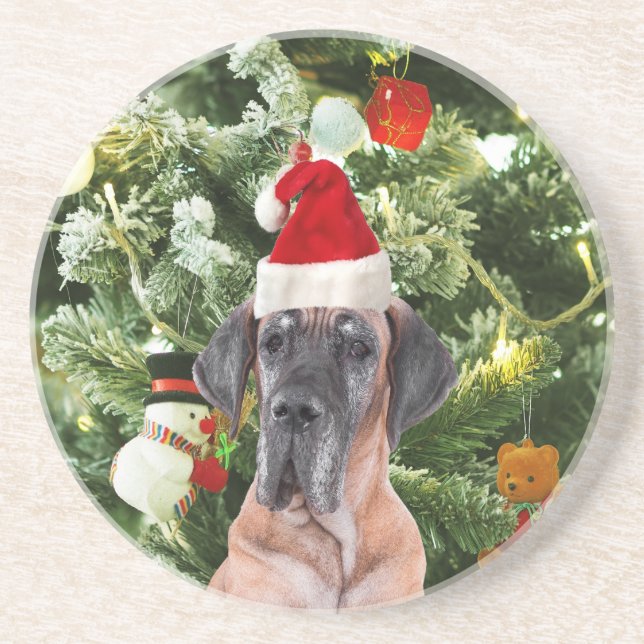 Great Dane w Christmas Tree Gift Boxes Santa Hat Coaster (Front)