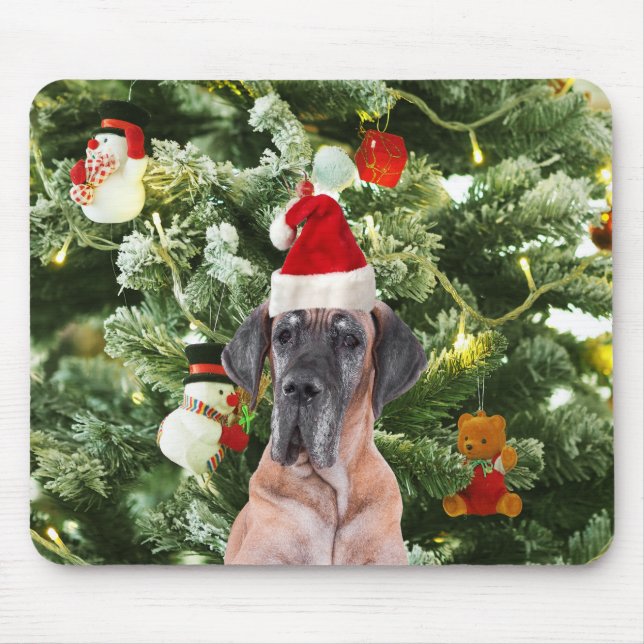 Great Dane w Christmas Tree Gift Boxes Santa Hat Mouse Pad (Front)
