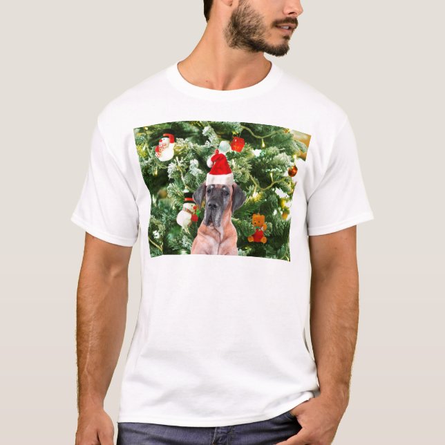 Great Dane w Christmas Tree Gift Boxes Santa Hat T-Shirt (Front)