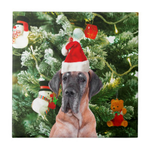 Great Dane w Christmas Tree Gift Boxes Santa Hat Tile