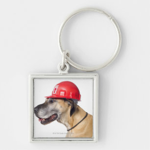 Great Dane wearing a red construction helmet Key Ring