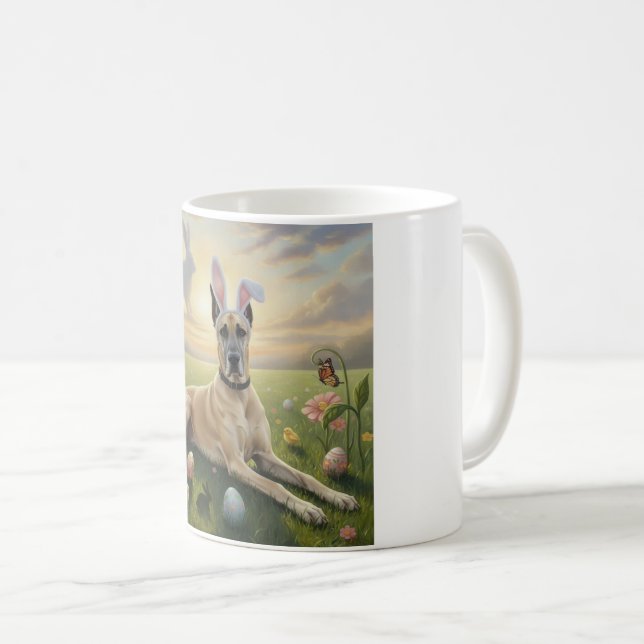 Great Dane Wearing Bunny Ears Easter Spring Meadow Coffee Mug (Front Right)