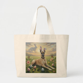 Great Dane Wearing Bunny Ears Easter Spring Meadow Large Tote Bag
