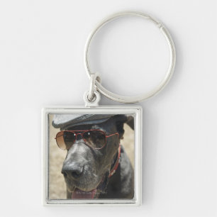 Great Dane wearing hat and sunglasses Key Ring