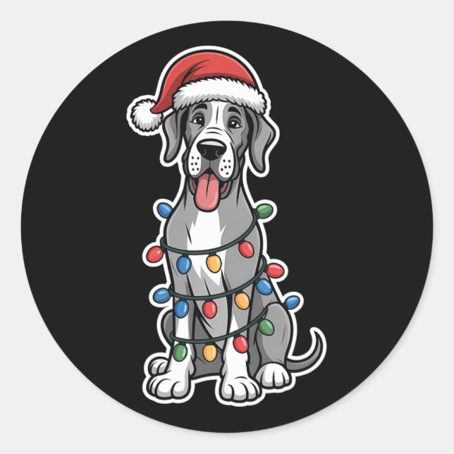 Great Dane Wrapped In Christmas Lights  Classic Round Sticker (Front)