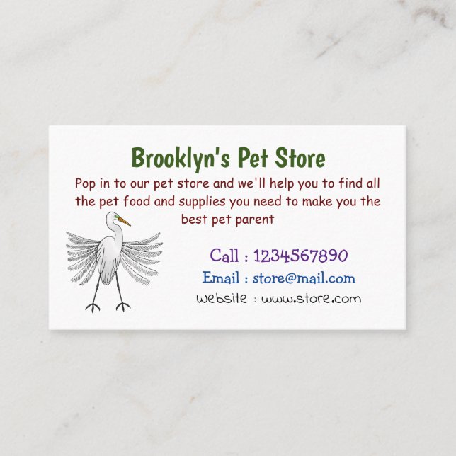 Great egret bird cartoon illustration business card (Front)