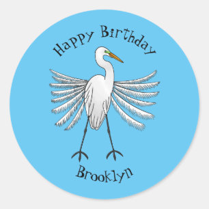 Great egret bird cartoon illustration classic round sticker