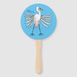 Great egret bird cartoon illustration hand fan