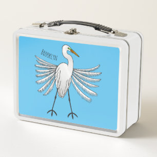 Great egret bird cartoon illustration metal lunch box
