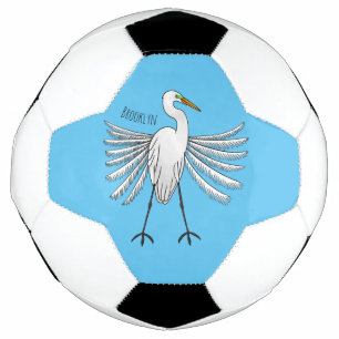 Great egret bird cartoon illustration soccer ball