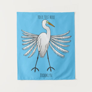 Great egret bird cartoon illustration tapestry