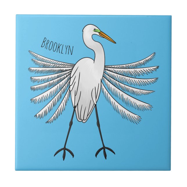 Great egret bird cartoon illustration tile (Front)