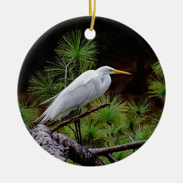 "Great Egret in Flight" Ceramic Tree Decoration (Front)