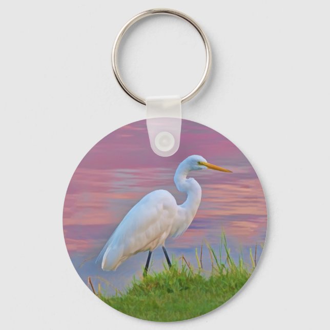 Great Egret Strolling at Sunrise Keychain (Front)