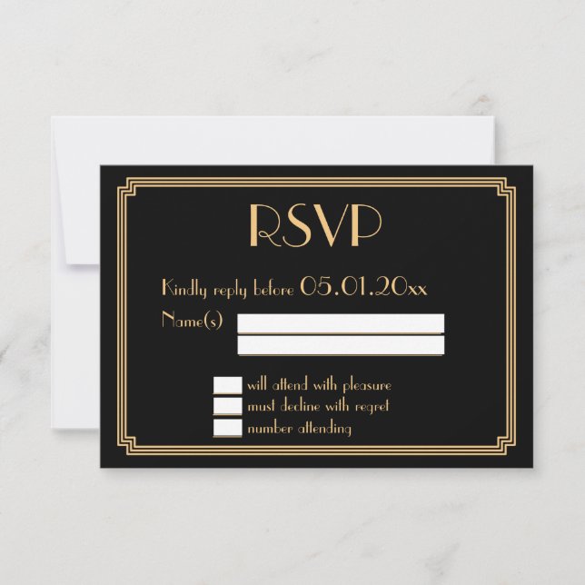 Great Gatsby Art Deco Black Wedding RSVP Cards (Front)
