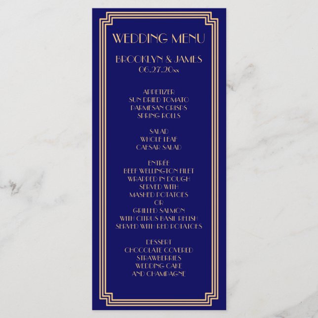 Great Gatsby Art Deco Blue Gold Wedding Menu Card (Front)