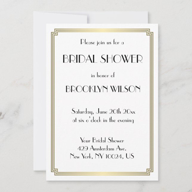 Great Gatsby Art Deco Gold Bridal Shower Invites (Front)