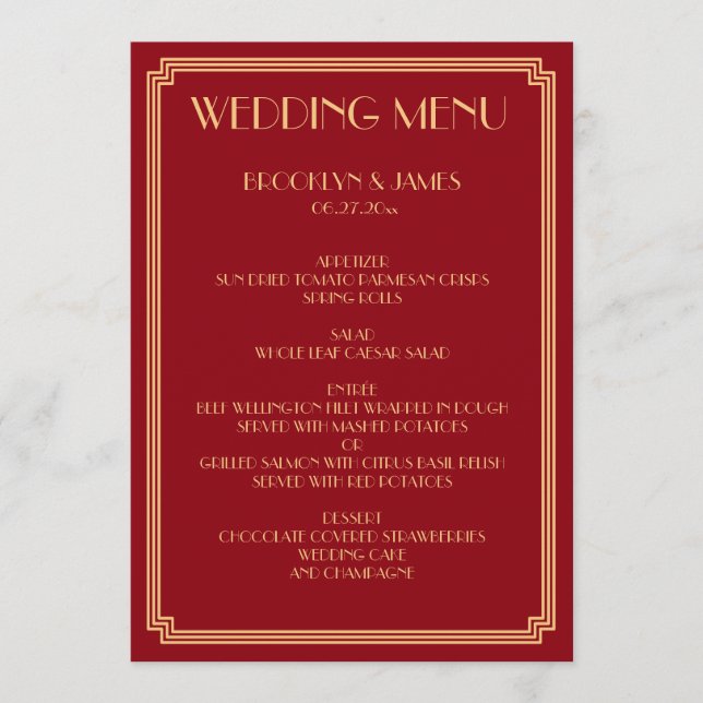 Great Gatsby Art Deco Gold Red Wedding Menu (Front)