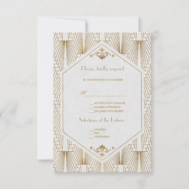 Great Gatsby Art Deco Gold White Wedding RSVP Card (Front)