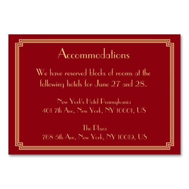 Great Gatsby Art Deco Red Wedding Accommodation Table Number (Front)