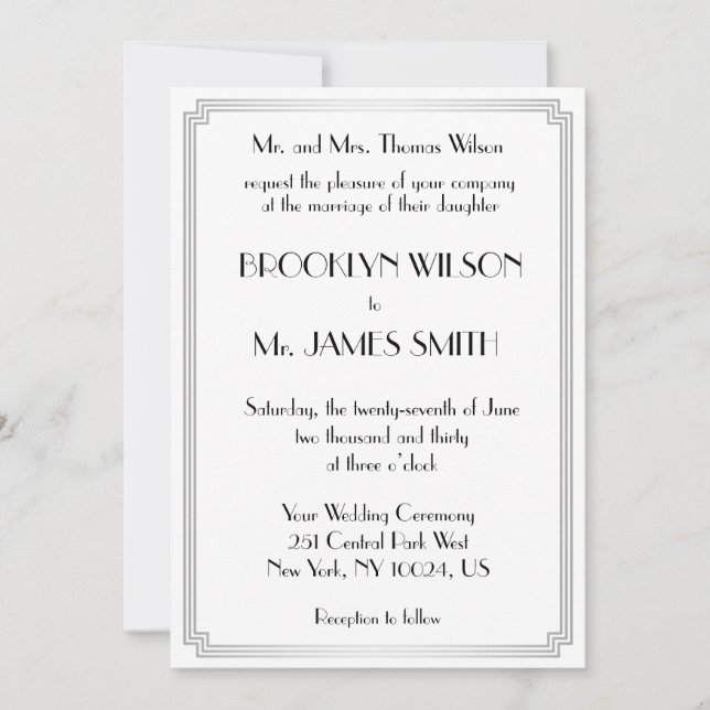 Great Gatsby Art Deco Silver White Wedding Invites (Front)
