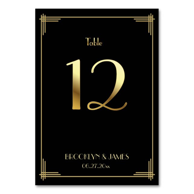 Great Gatsby Art Deco Table Number 12 Gold Black (Front)