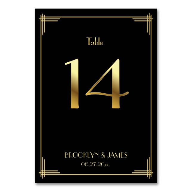Great Gatsby Art Deco Table Number 14 Gold Black (Front)