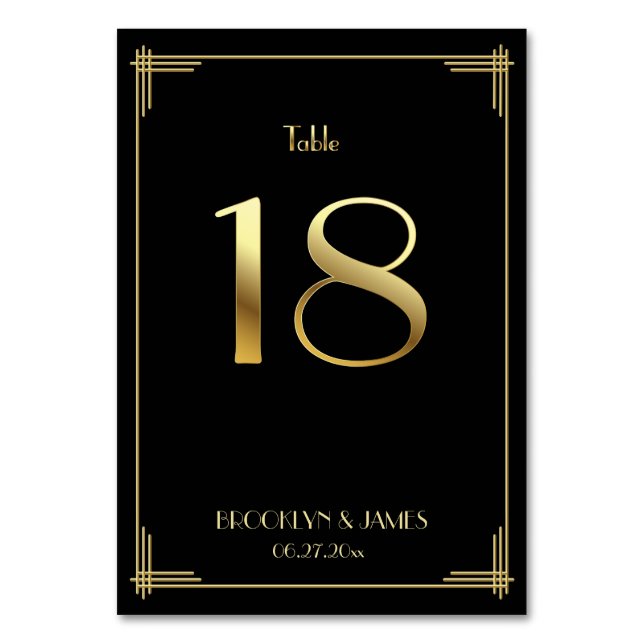 Great Gatsby Art Deco Table Number 18 Gold Black (Front)