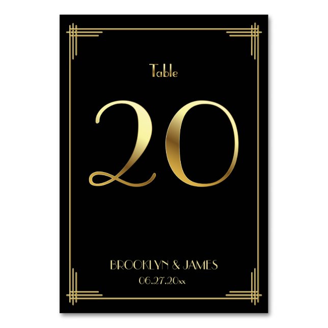 Great Gatsby Art Deco Table Number 20 Gold Black (Front)