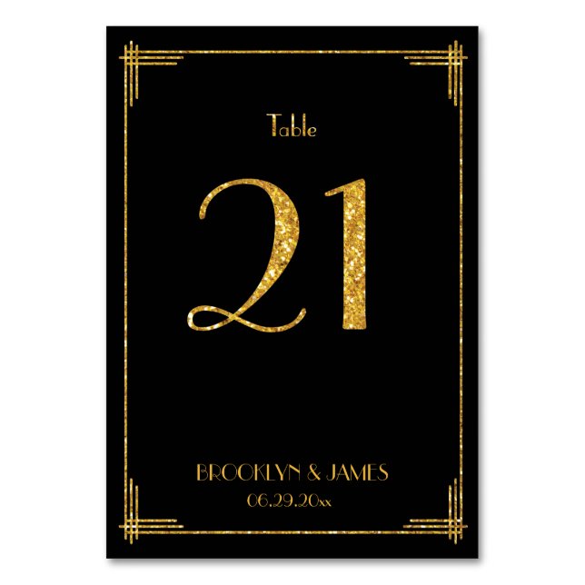Great Gatsby Art Deco Table Number 21 Gold Sequins (Front)
