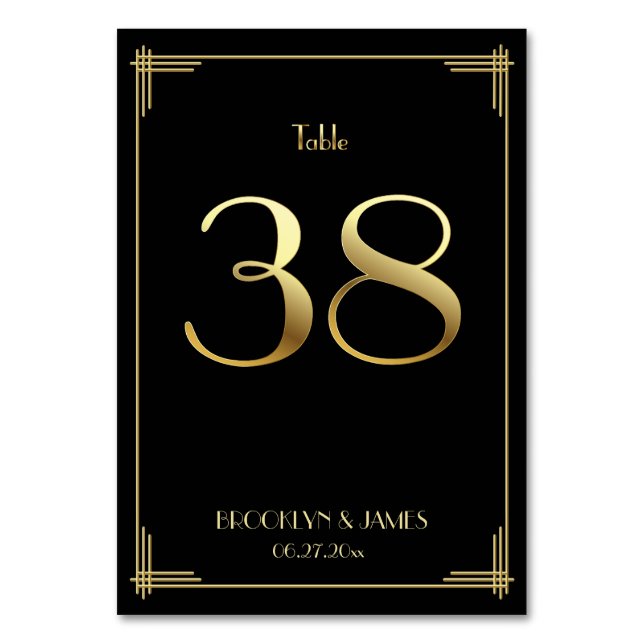 Great Gatsby Art Deco Table Number 38 Gold Black (Front)